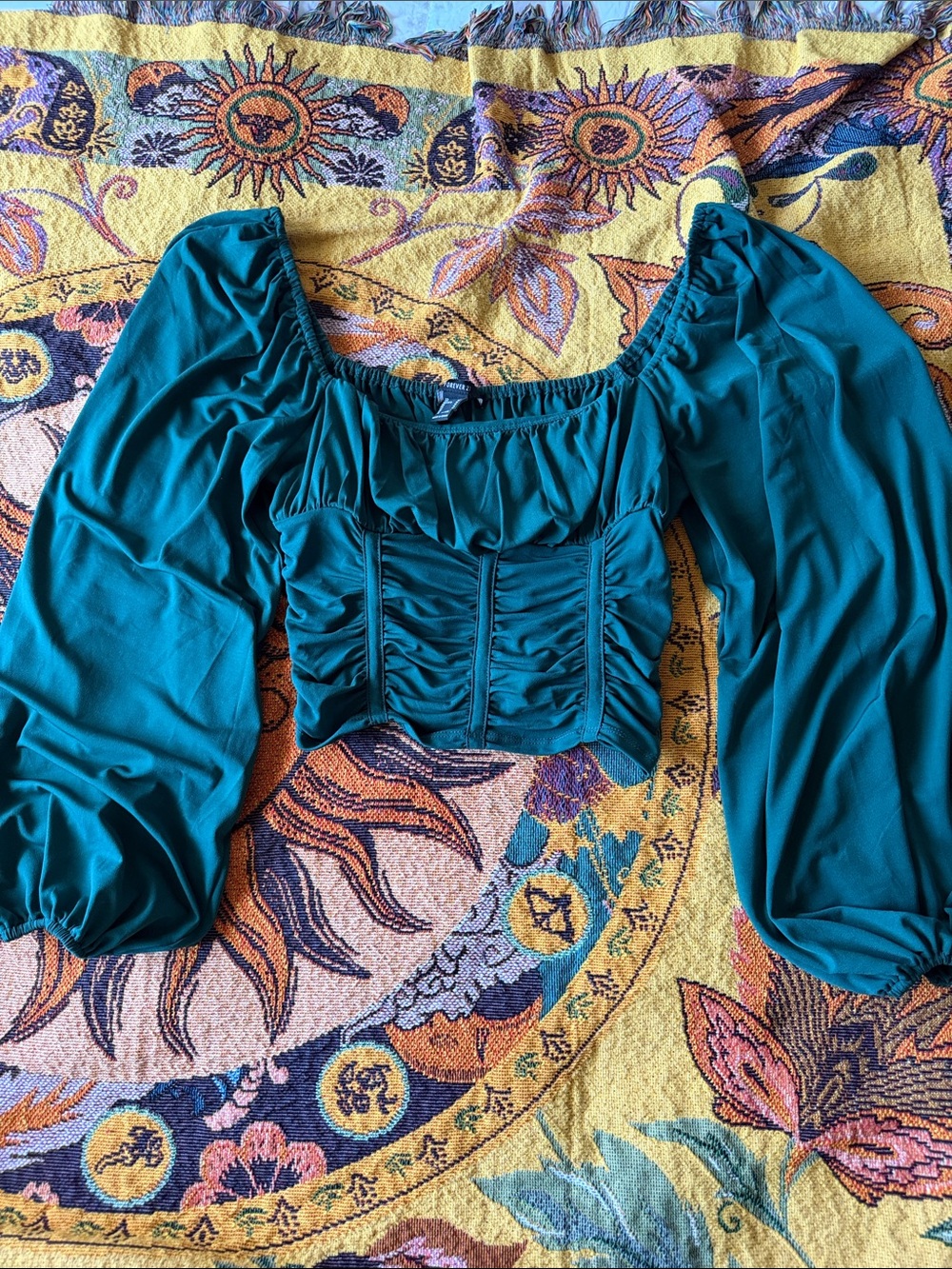 Forever 21 Teal Ruched Puff Sleeve Crop Top